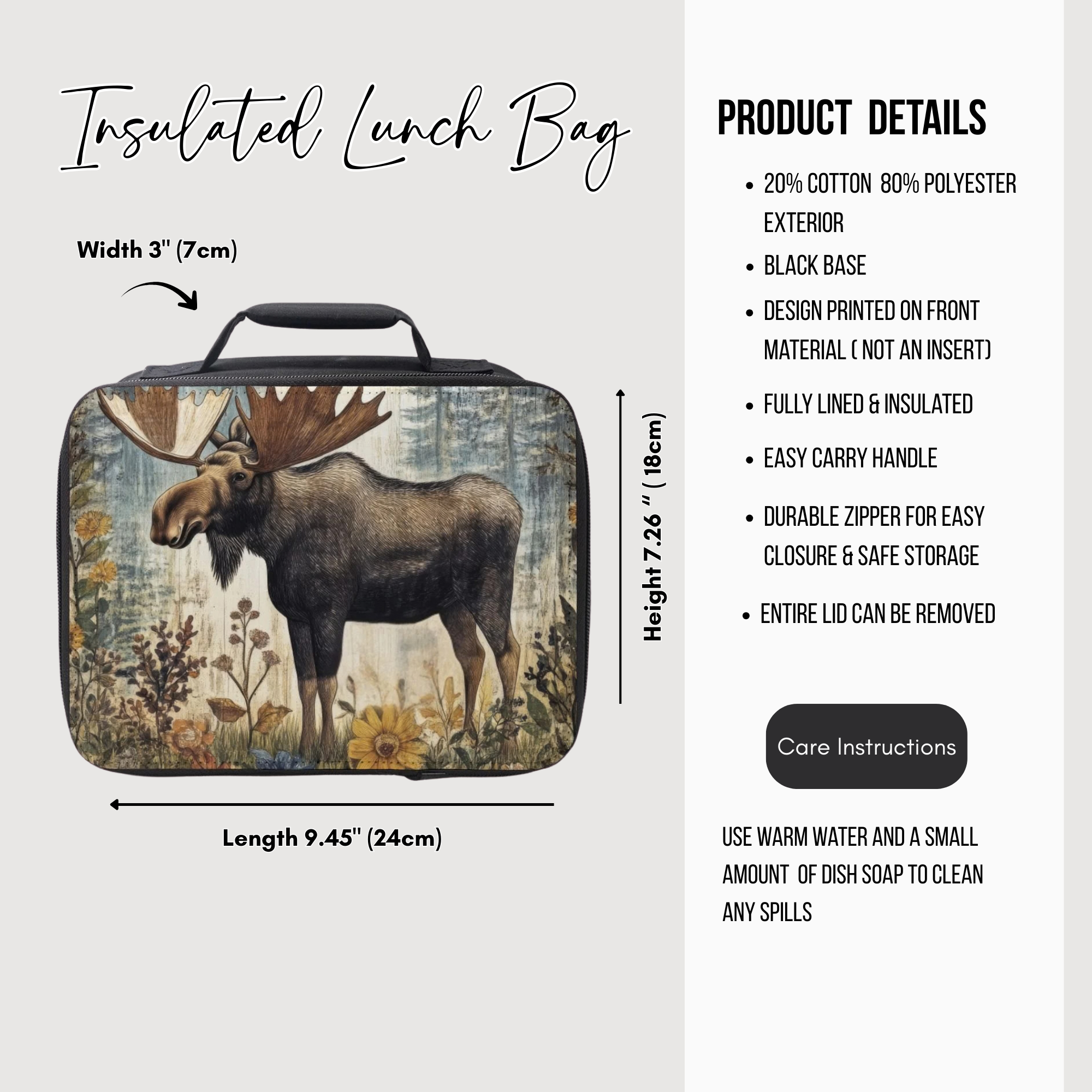 Insulated lunch bag with moose design and product details on a white background