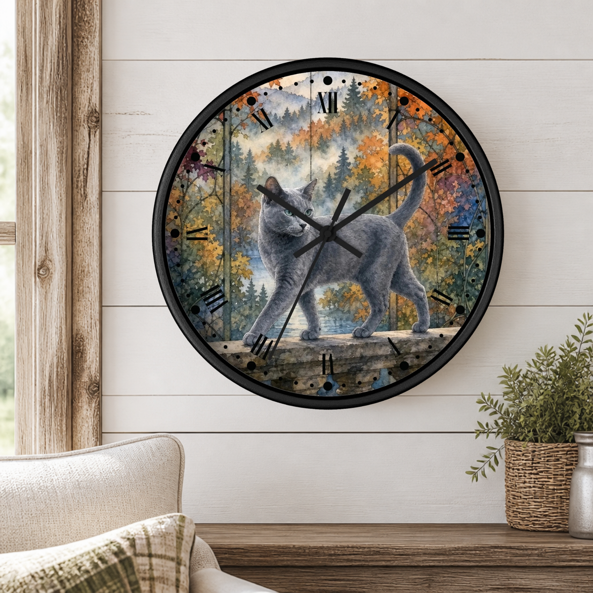 Majestic Gray Cat in Autumn Forest Wall Clock
