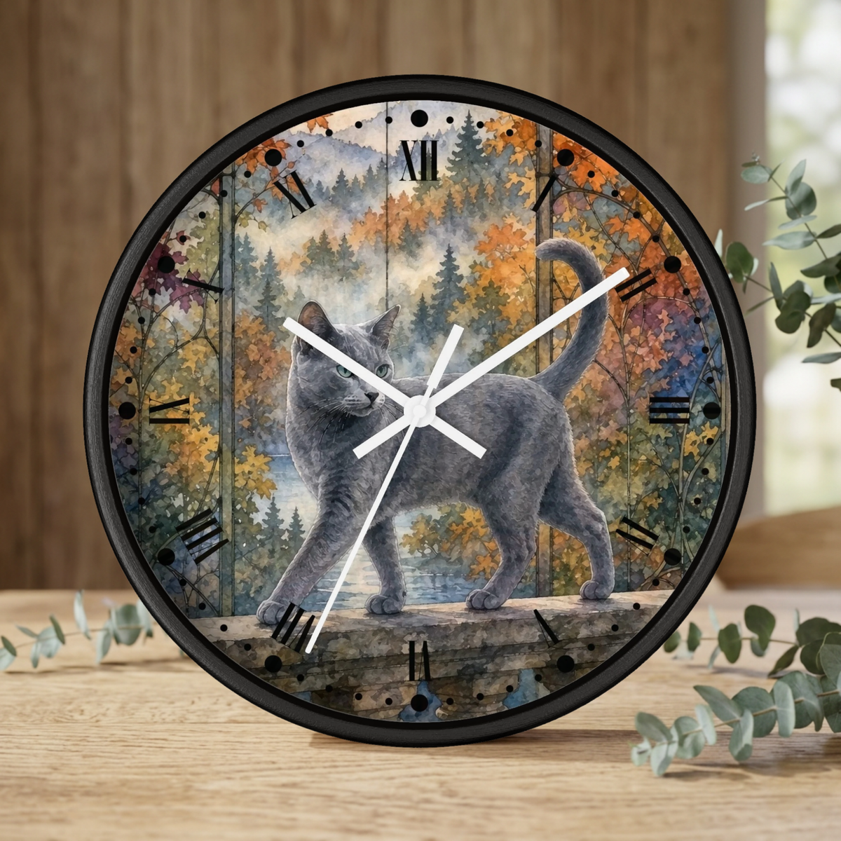 Majestic Gray Cat in Autumn Forest Wall Clock
