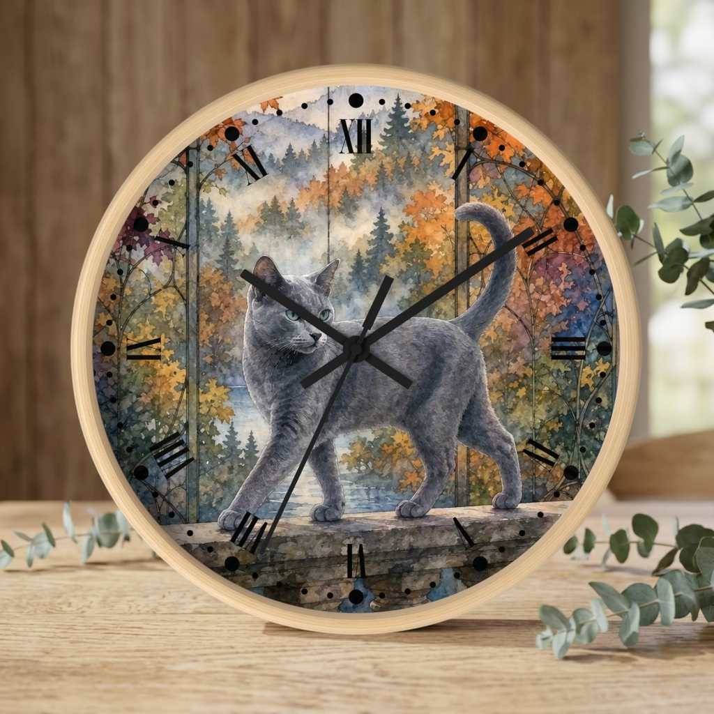 Majestic Gray Cat in Autumn Forest Wall Clock