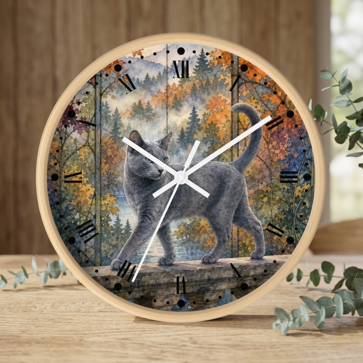Majestic Gray Cat in Autumn Forest Wall Clock