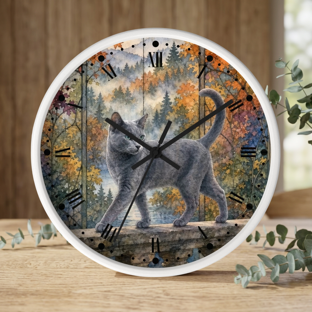 Majestic Gray Cat in Autumn Forest Wall Clock