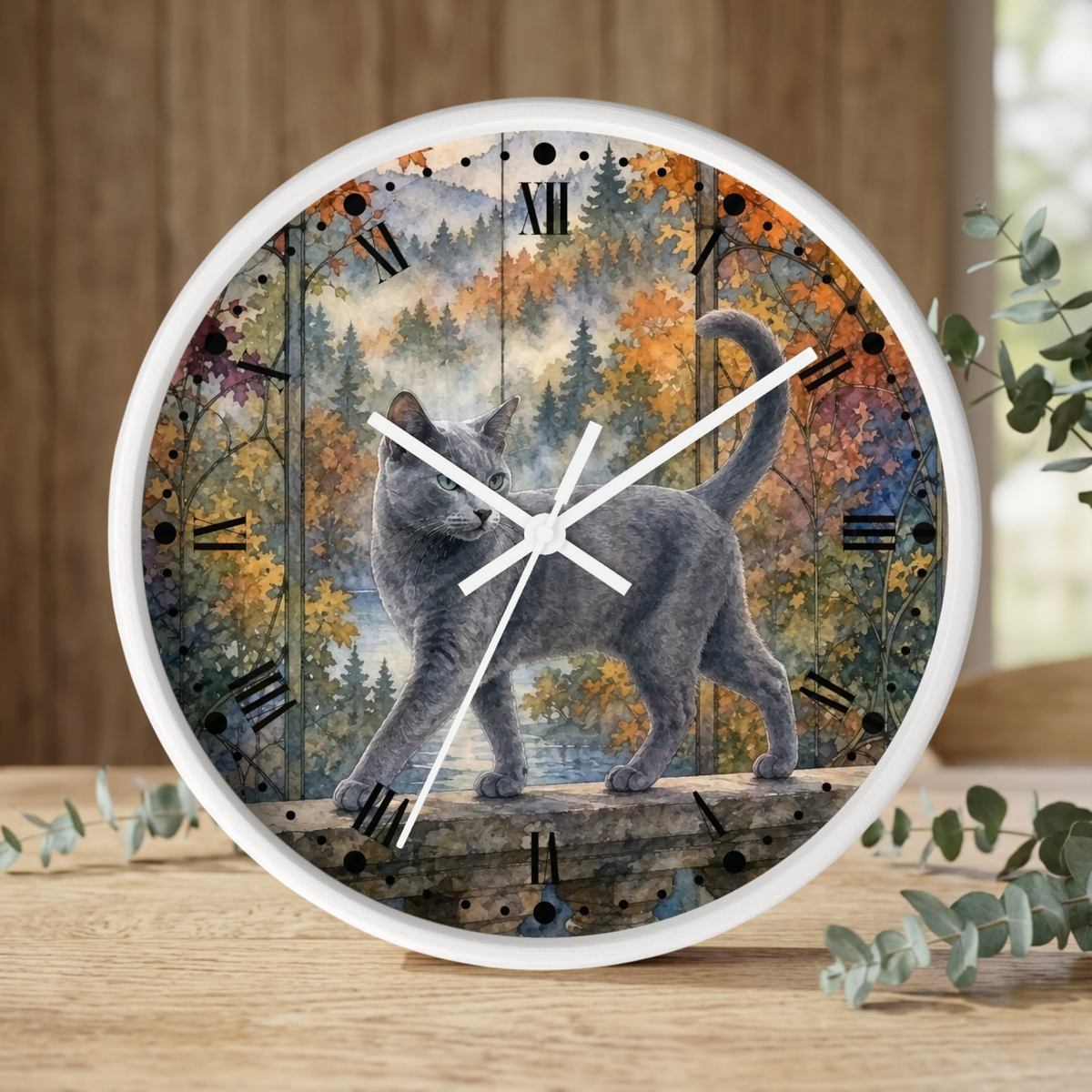 Majestic Gray Cat in Autumn Forest Wall Clock
