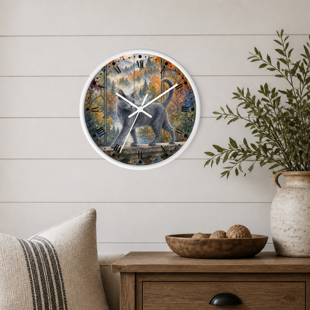 Majestic Gray Cat in Autumn Forest Wall Clock
