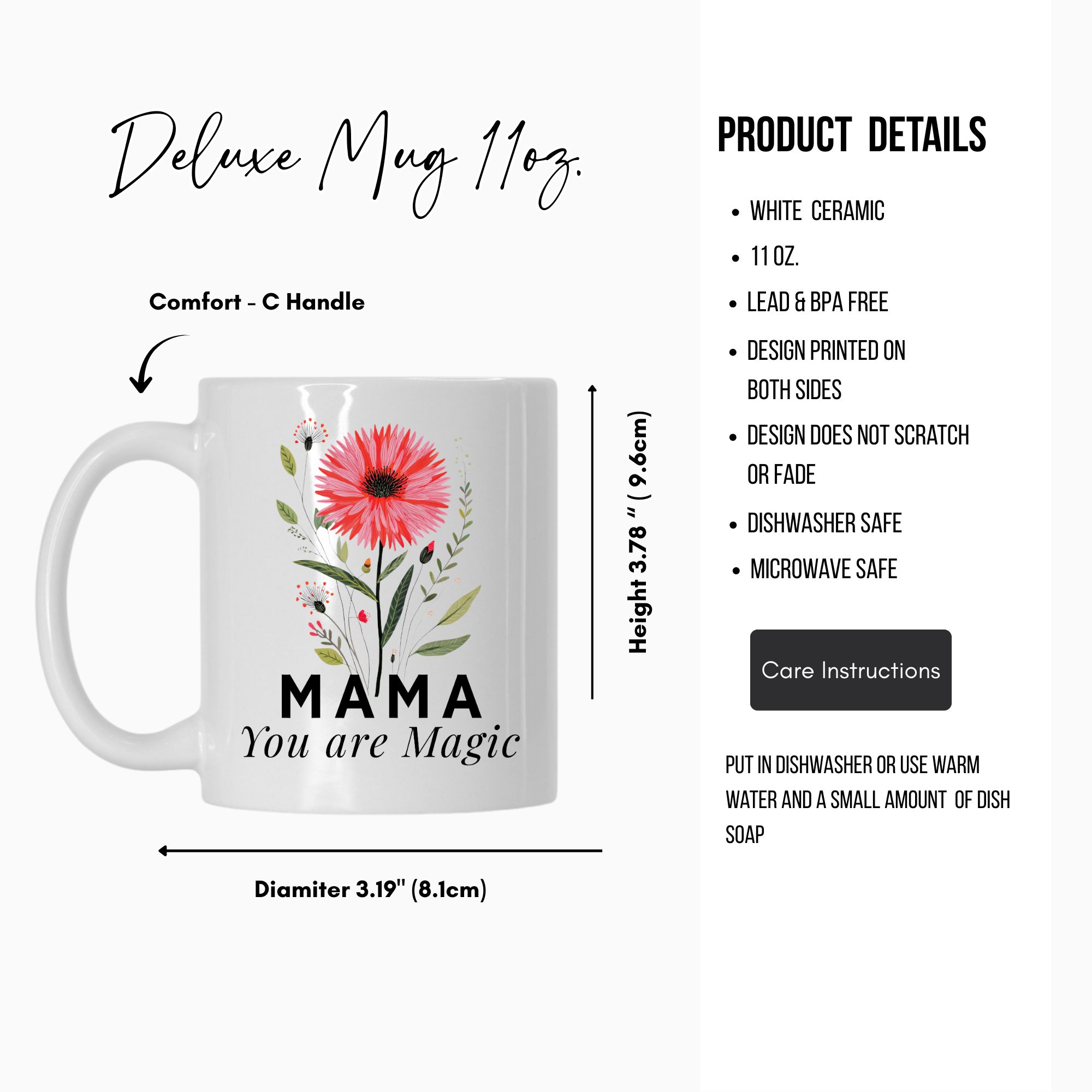 White 11oz ceramic mug with floral design and 'Mama You are Magic' text, featuring product details on a white background.