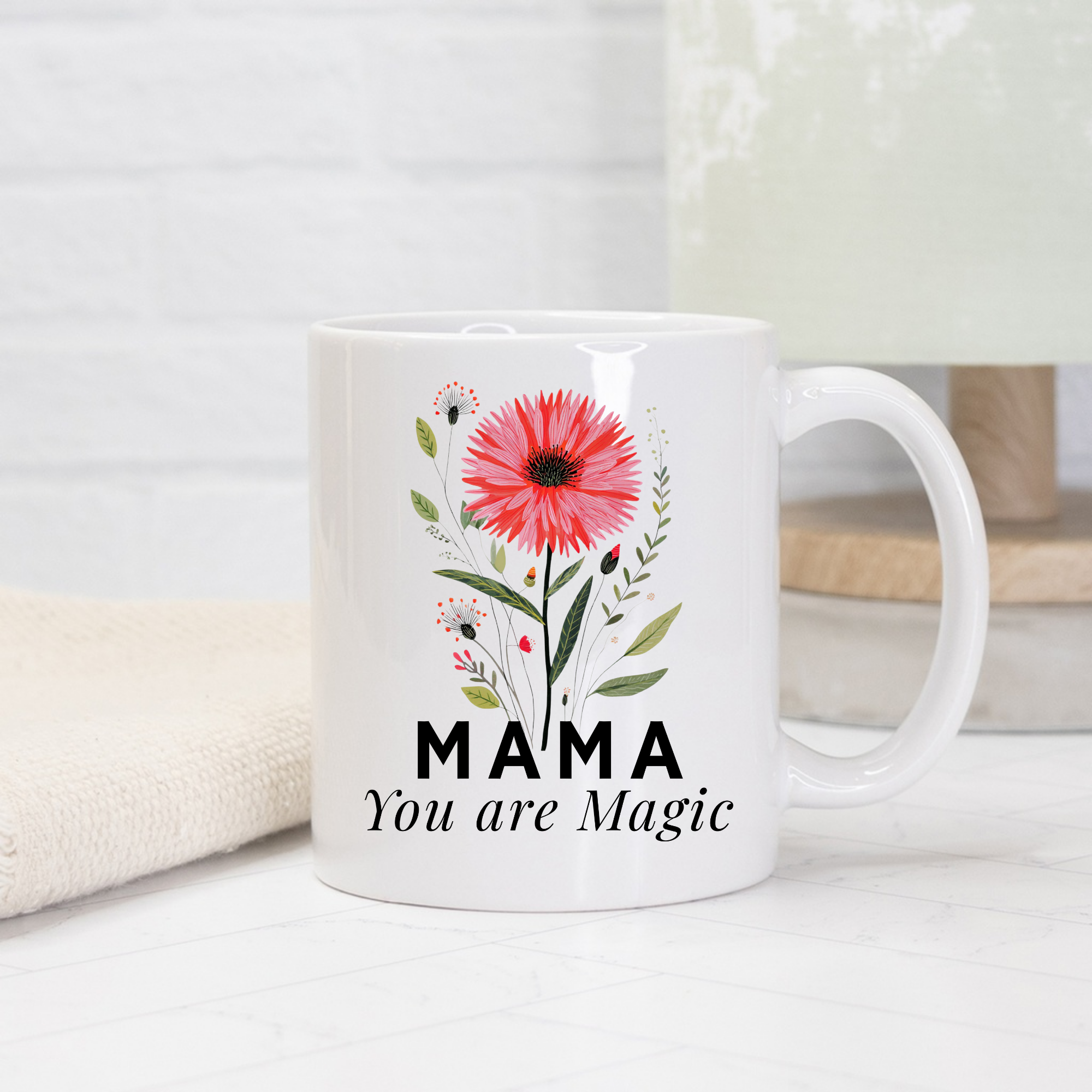 White 11oz mug with floral design and 'MAMA You are Magic' text on a light background