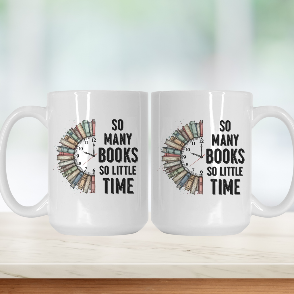 Two white mugs with book-themed design and text on a light background