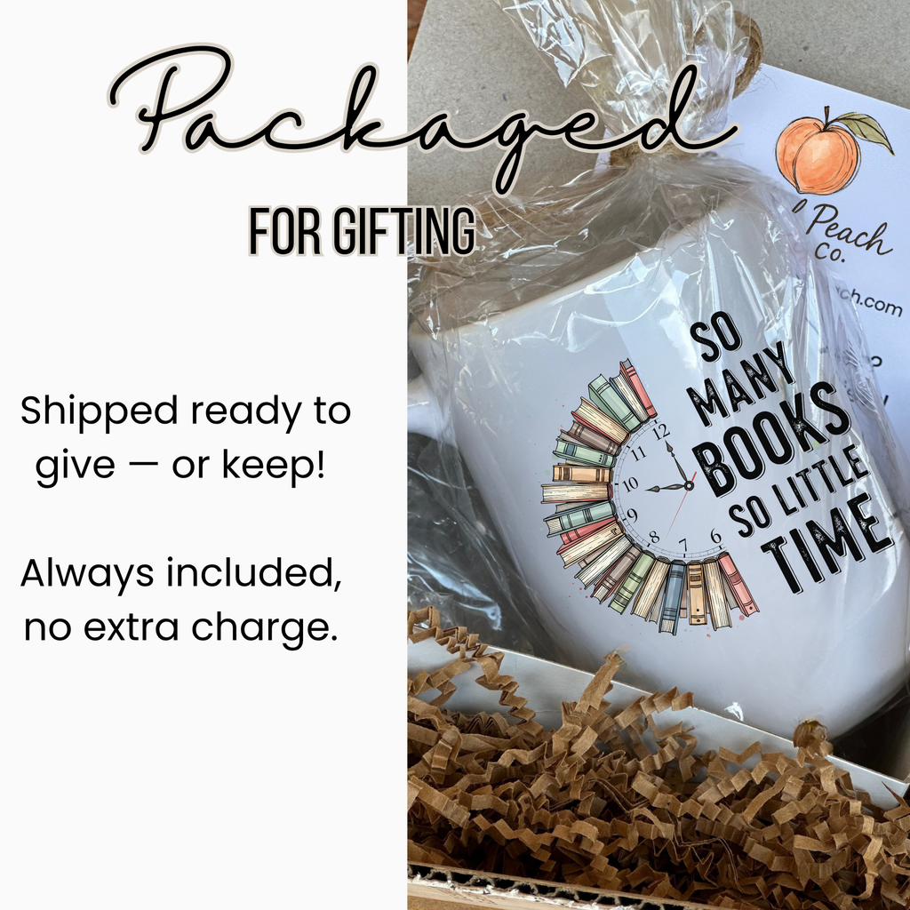 White mug with book-themed design in a gift-wrapped box, labeled 'Peach Co'.