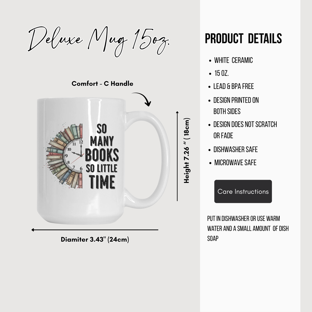 White ceramic mug with book-themed design and product details on a white background