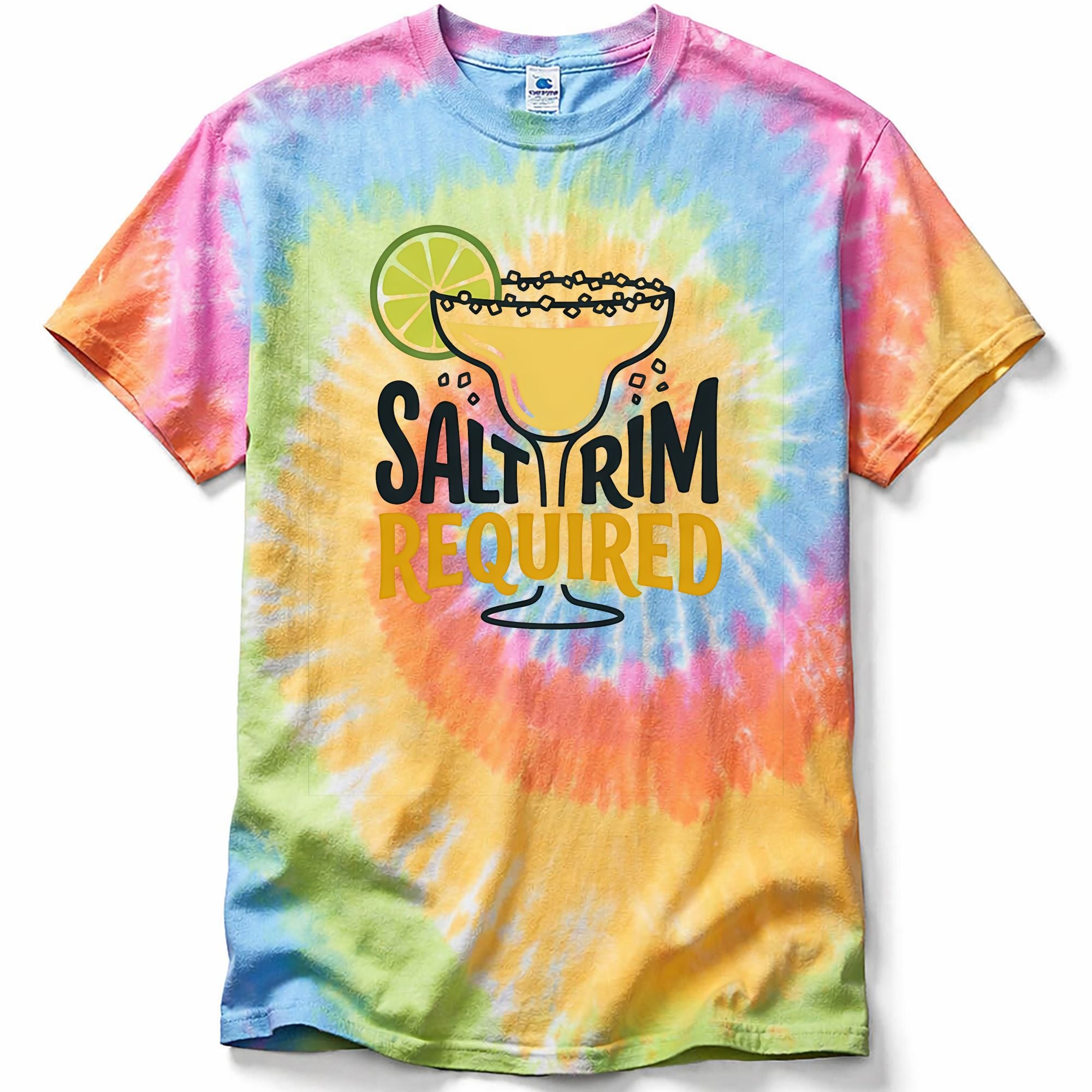 Tie-dye t-shirt with a margarita graphic and 'Salt Rim Required' text on a white background