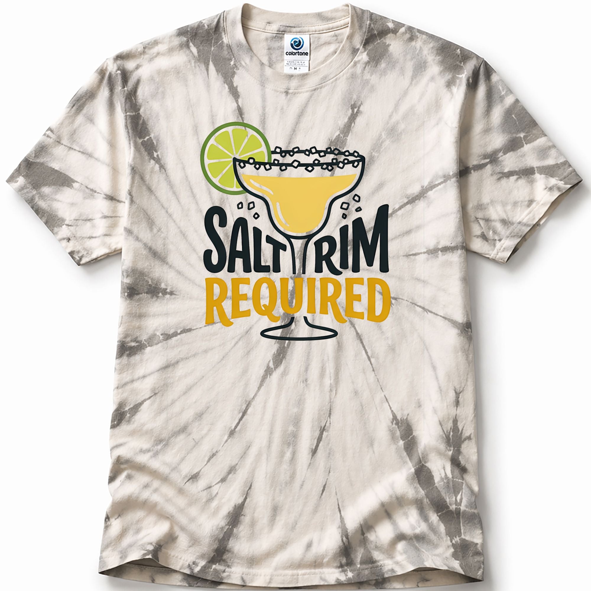 Spidey Silver Tie-dye t-shirt with a graphic of a margarita and text 'Salt Rim Required' on a white background.