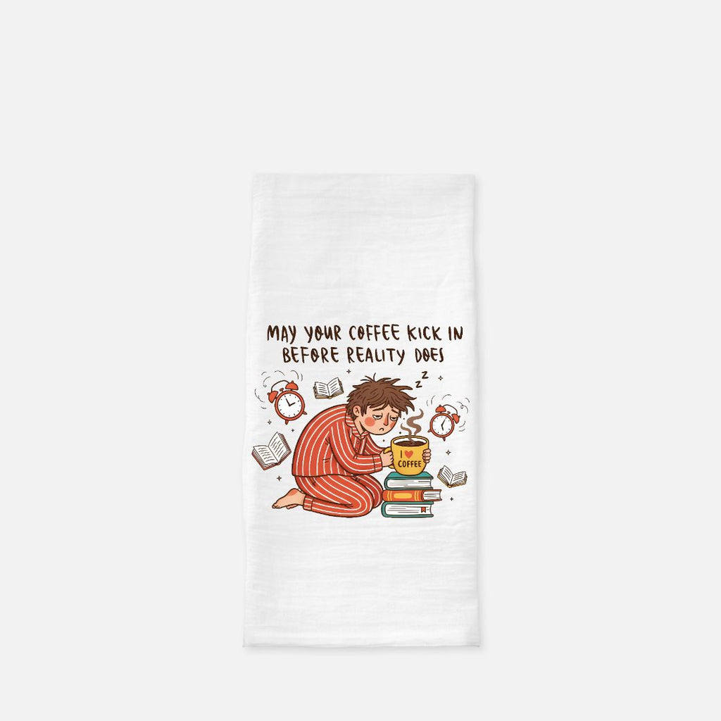Tea towel with a cartoon character and text on a white background
