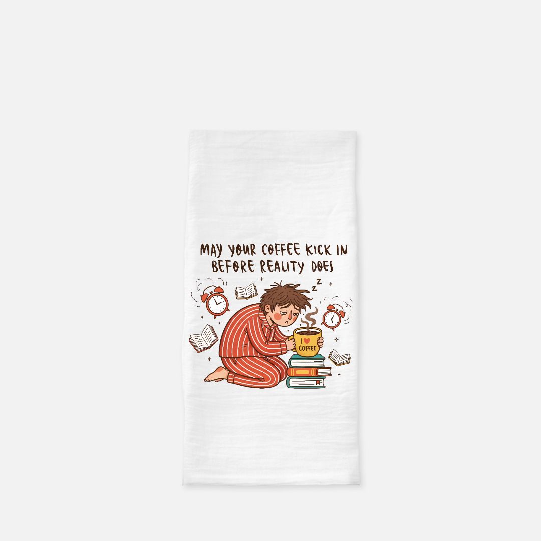 Tea towel with a cartoon character and text on a white background