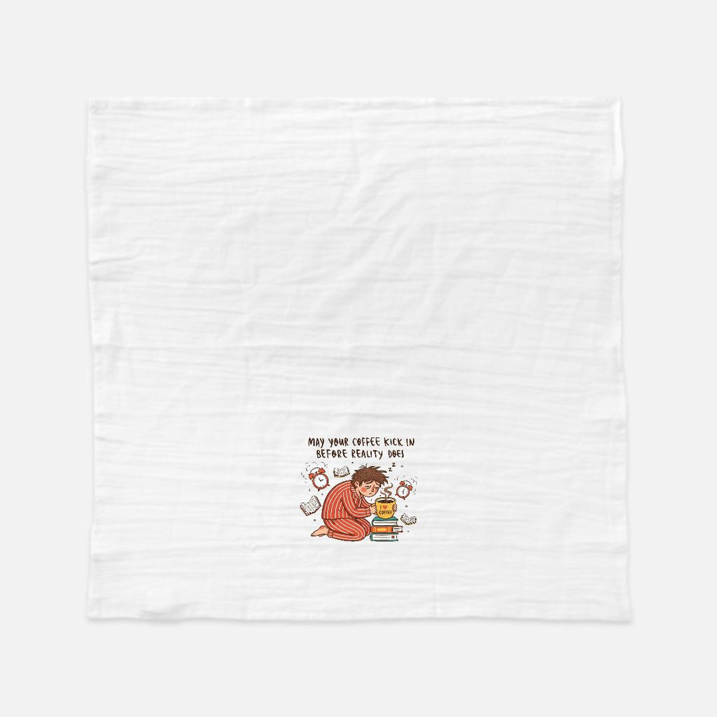 White tea towel with a graphic of a person reading a book and text on a white background