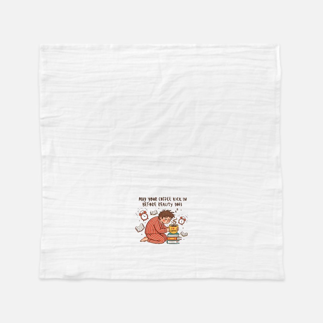 White tea towel with a graphic of a person reading a book and text on a white background