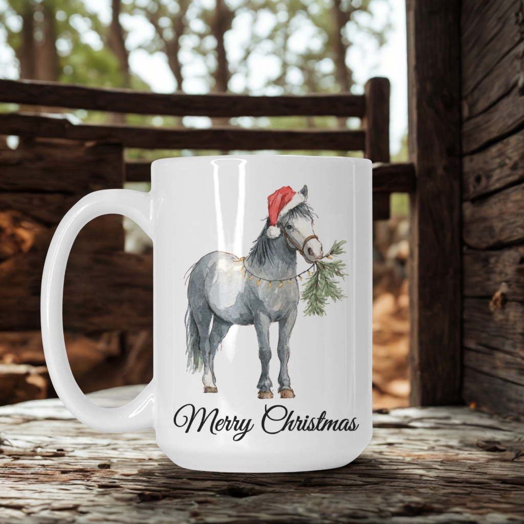 White mug with a horse wearing a Santa hat and 'Merry Christmas' text, placed on a wooden surface.