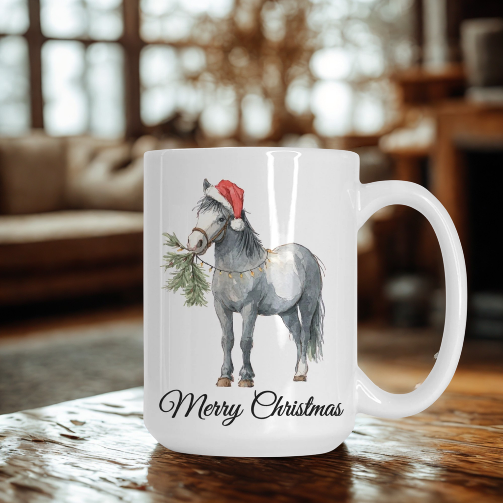 White mug with a horse wearing a Santa hat and 'Merry Christmas' text on a wooden surface.