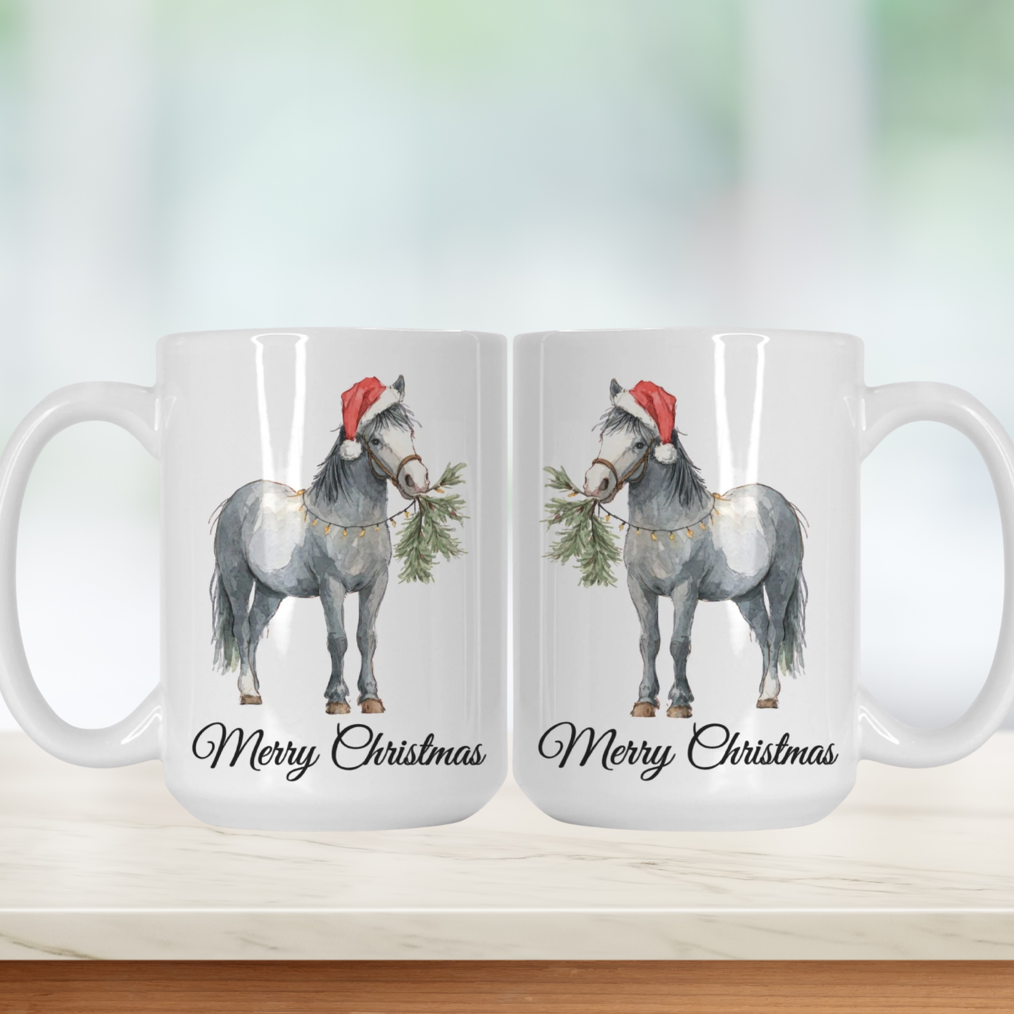 Two Christmas-themed mugs with horse illustrations and 'Merry Christmas' text on a white background.