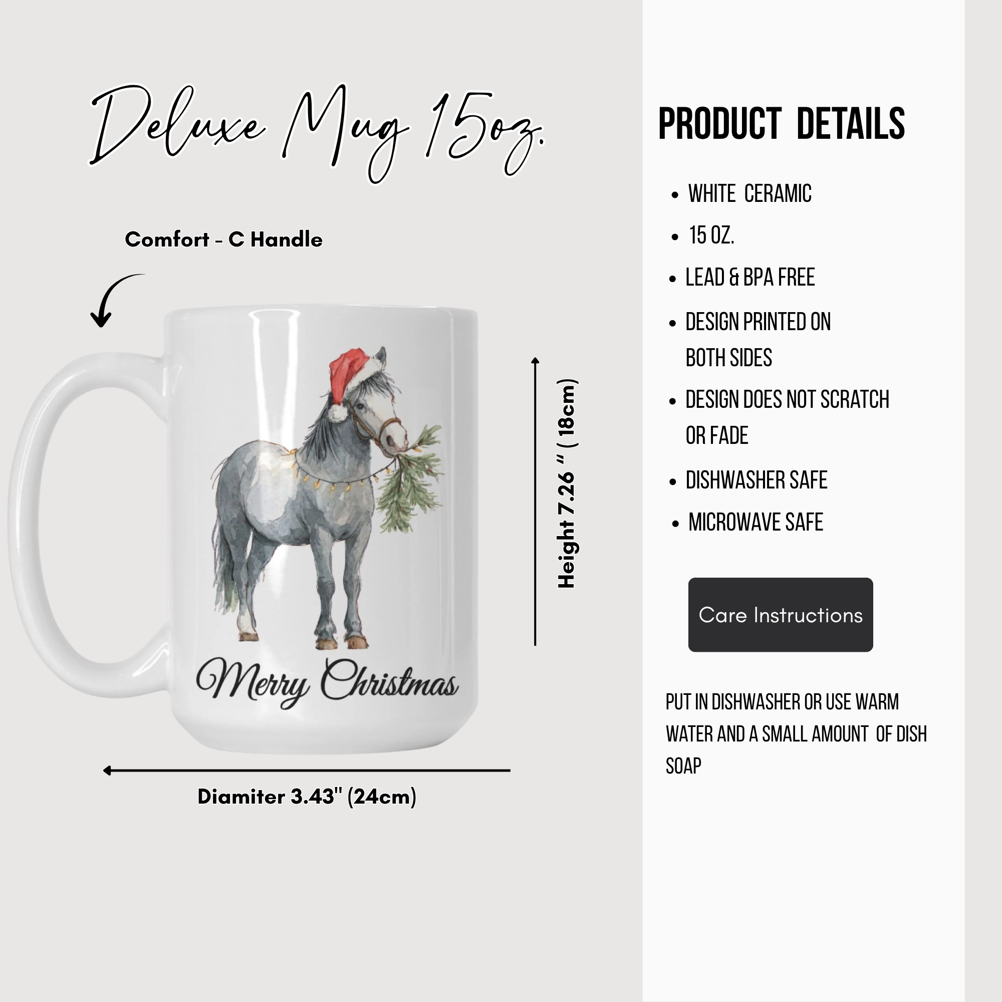 Mug with horse design and Christmas elements, featuring product details on a white background.