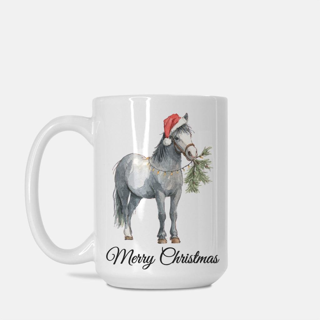 Mug with a horse wearing a Santa hat and holding a Christmas tree, with 'Merry Christmas' text on a white background.