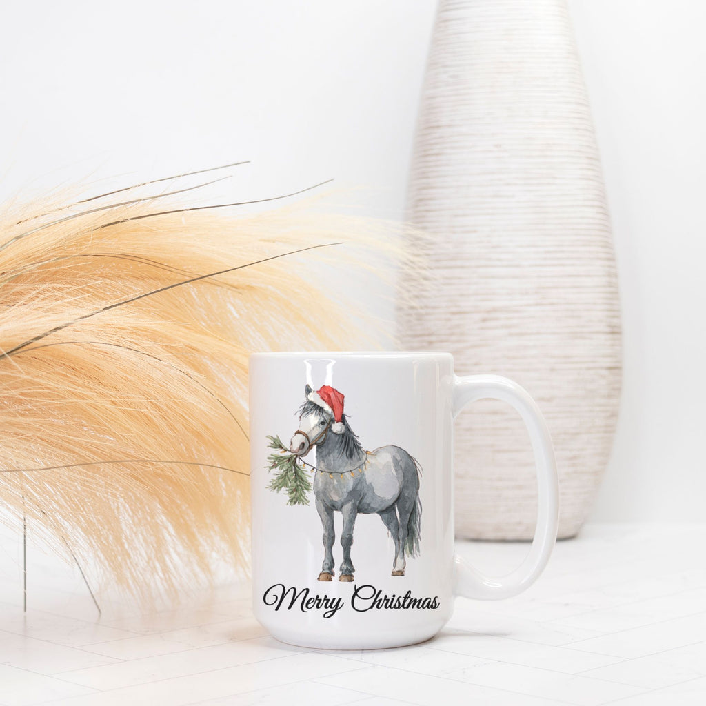 Mug with a horse wearing a Santa hat and 'Merry Christmas' text on a white background