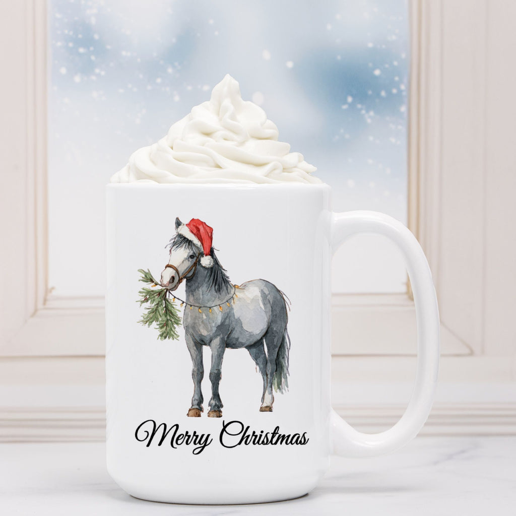 White mug with a horse wearing a Santa hat and the text 'Merry Christmas' against a snowy window background.