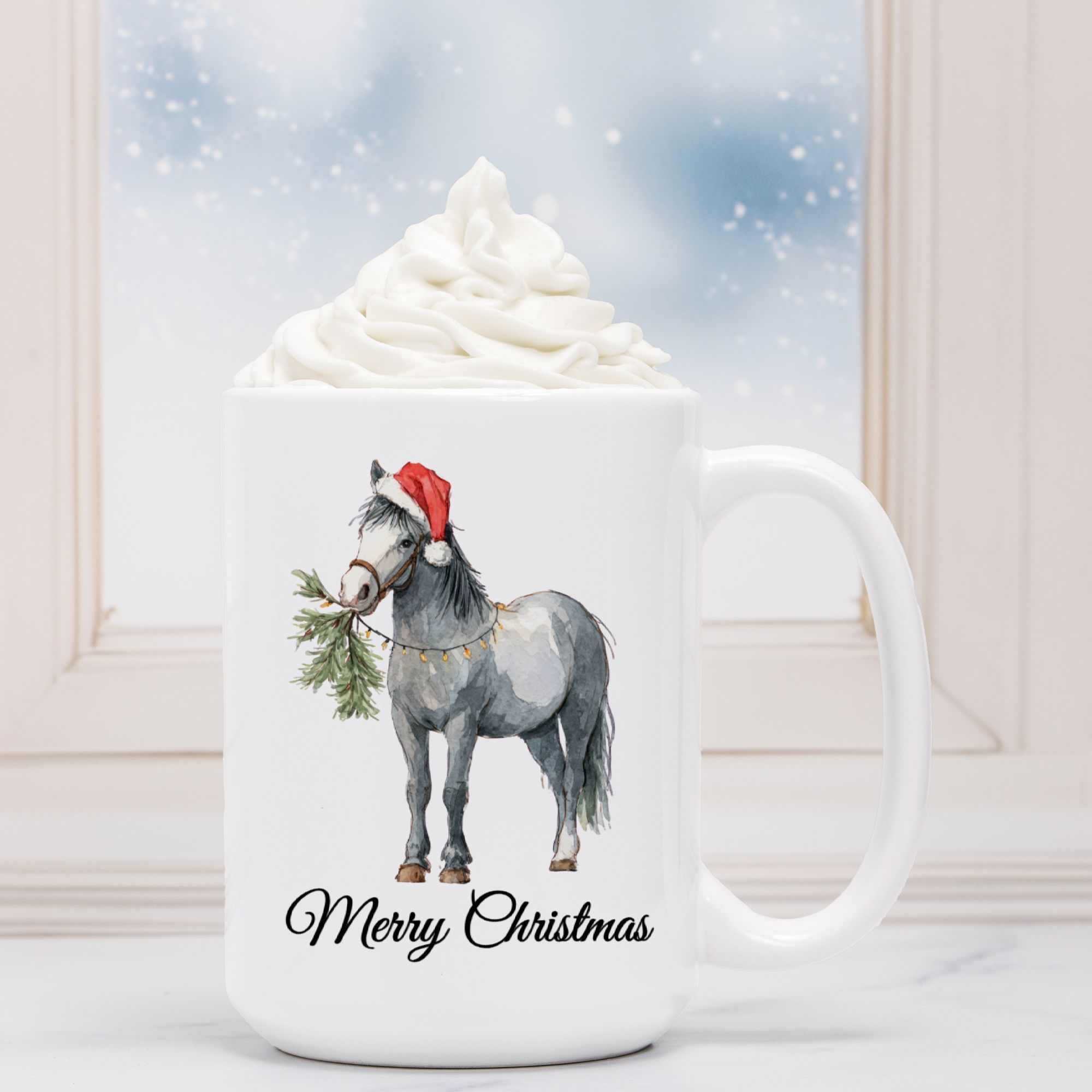 White mug with a horse wearing a Santa hat and the text 'Merry Christmas' against a snowy window background.