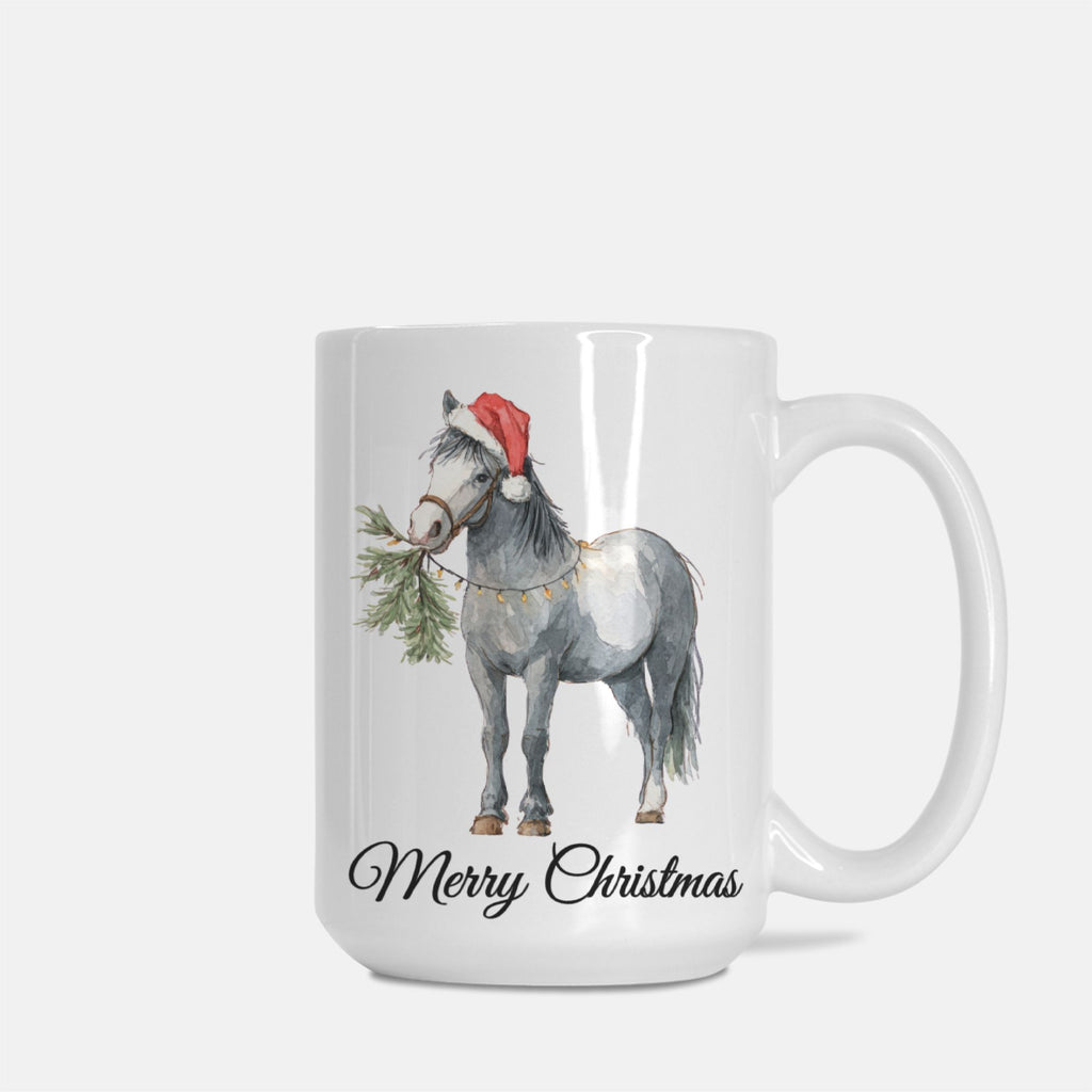 Mug with a horse wearing a Santa hat and holding a Christmas branch, with 'Merry Christmas' text.