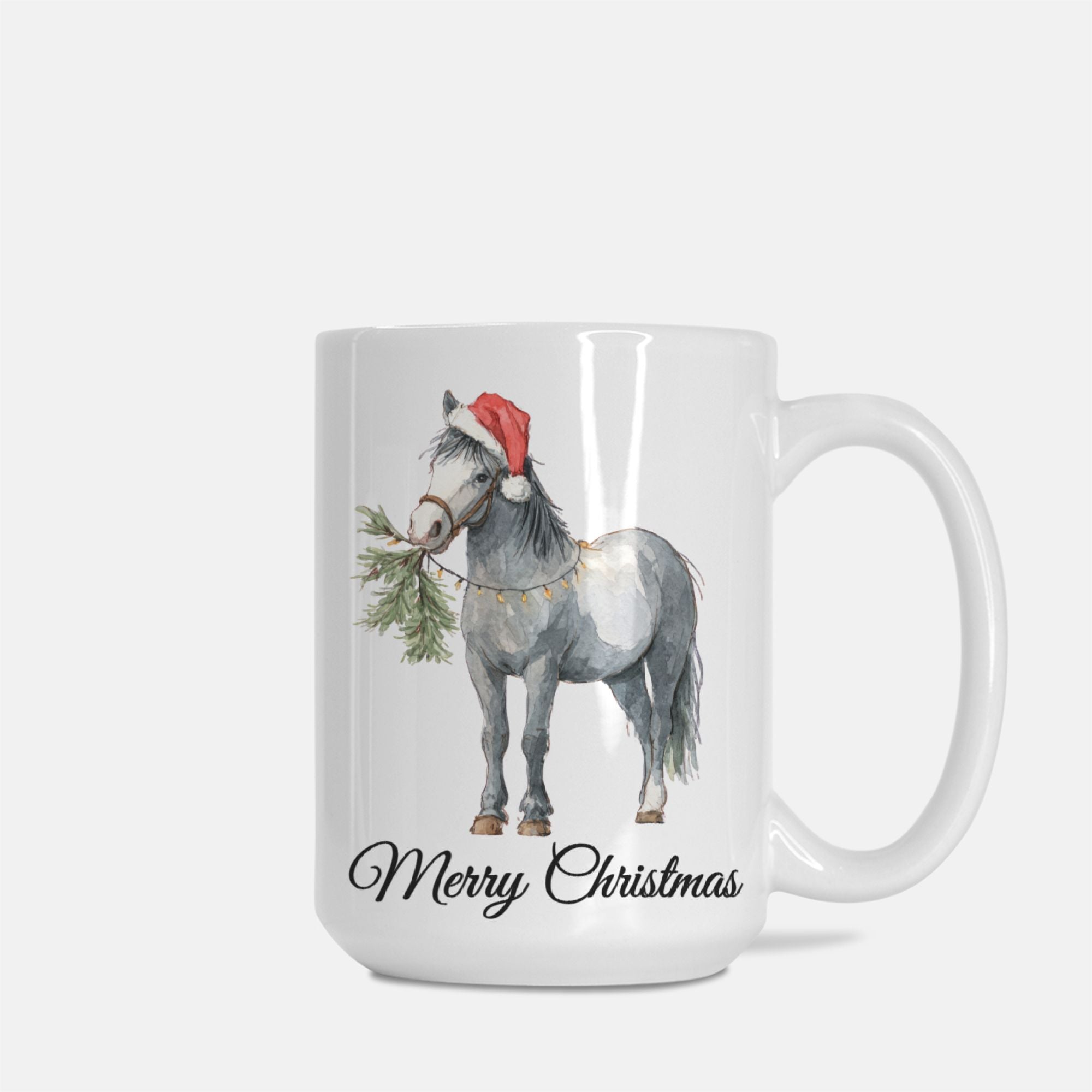 Mug with a horse wearing a Santa hat and holding a Christmas branch, with 'Merry Christmas' text.