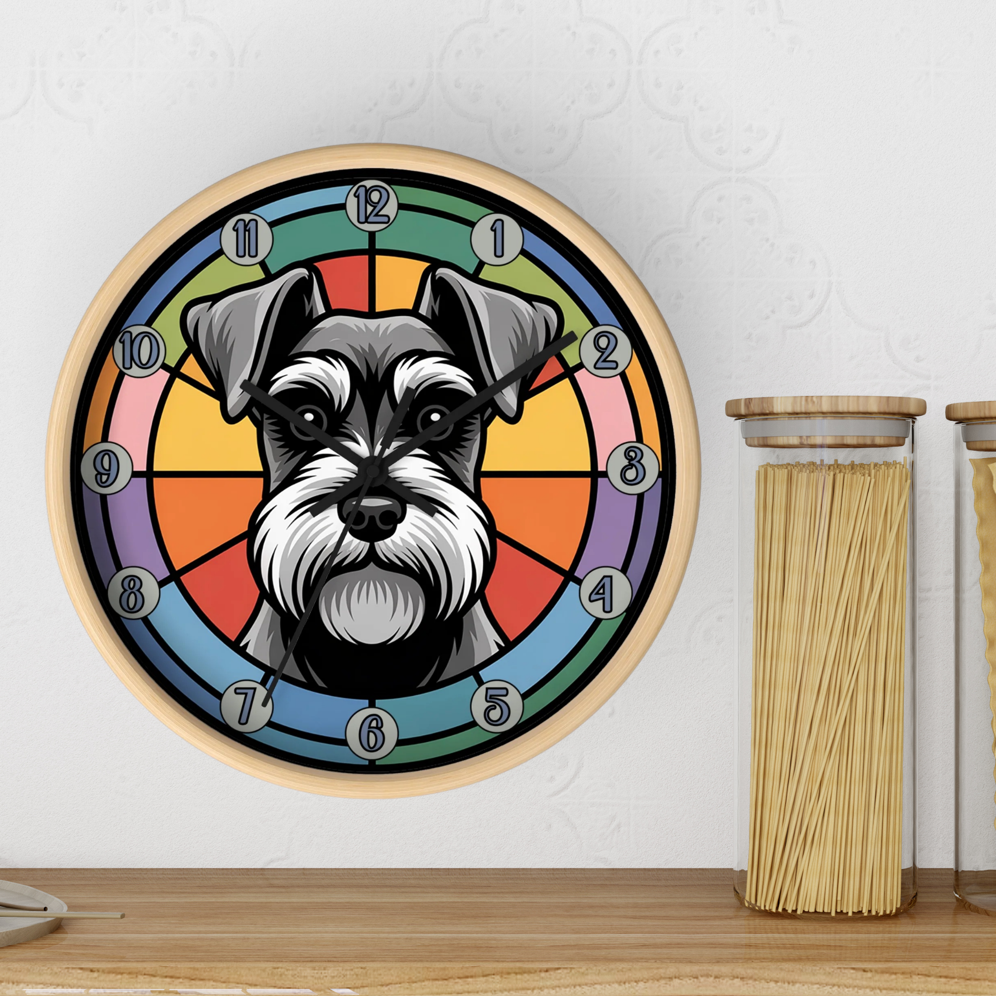 Wall clock with a schnauzer dog illustration on a colorful background, placed on a wooden surface.