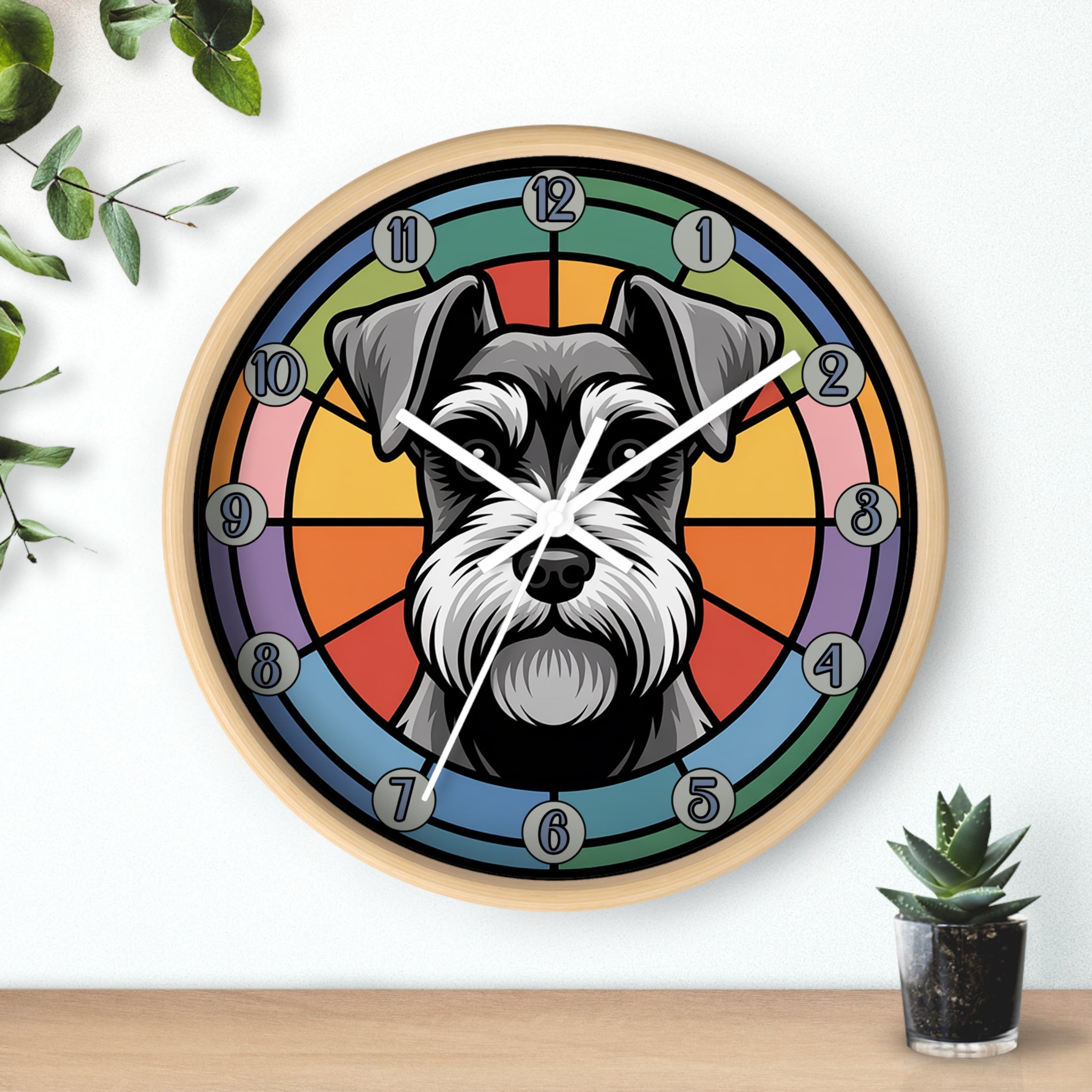 Wall clock with a schnauzer dog design on a colorful face, placed on a wooden surface with plants.