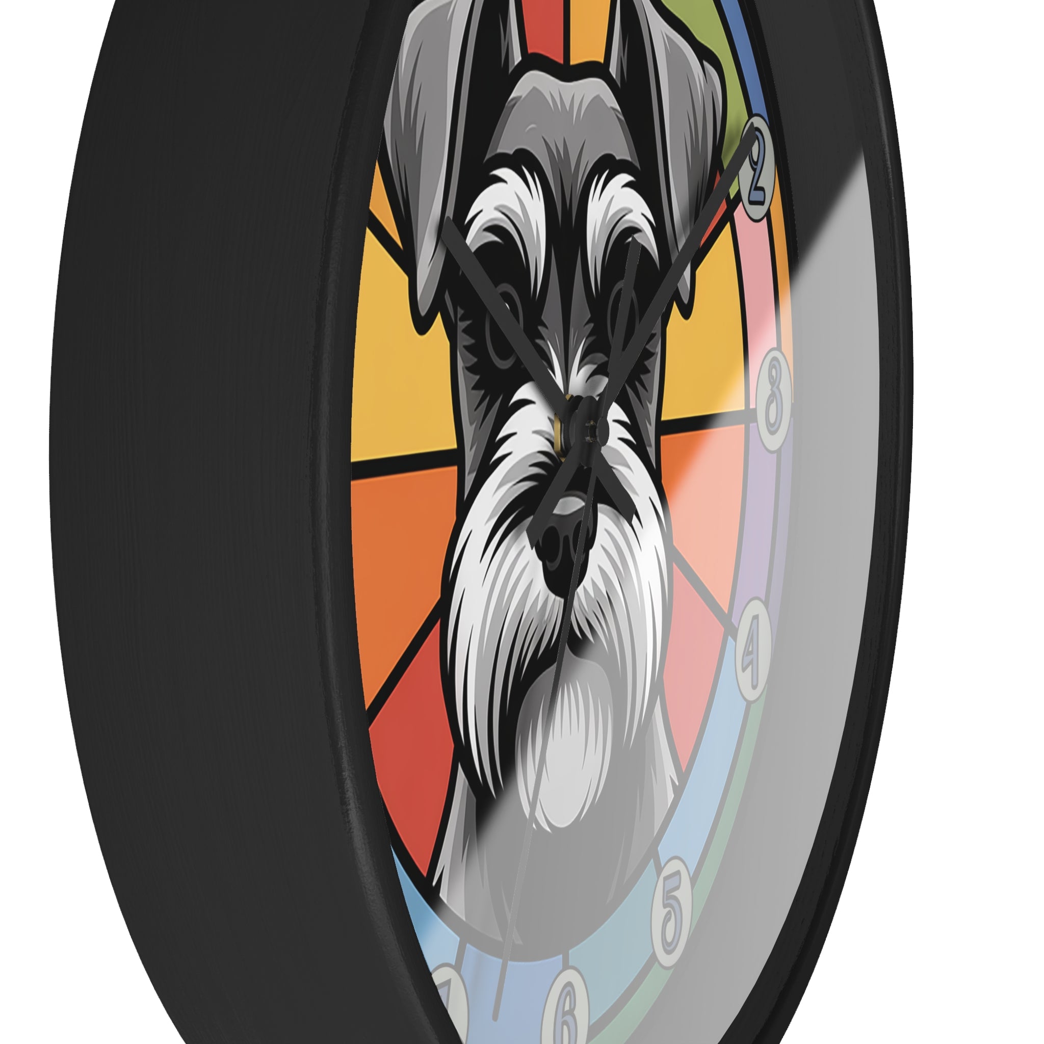 Wall clock with a dog illustration on a colorful background