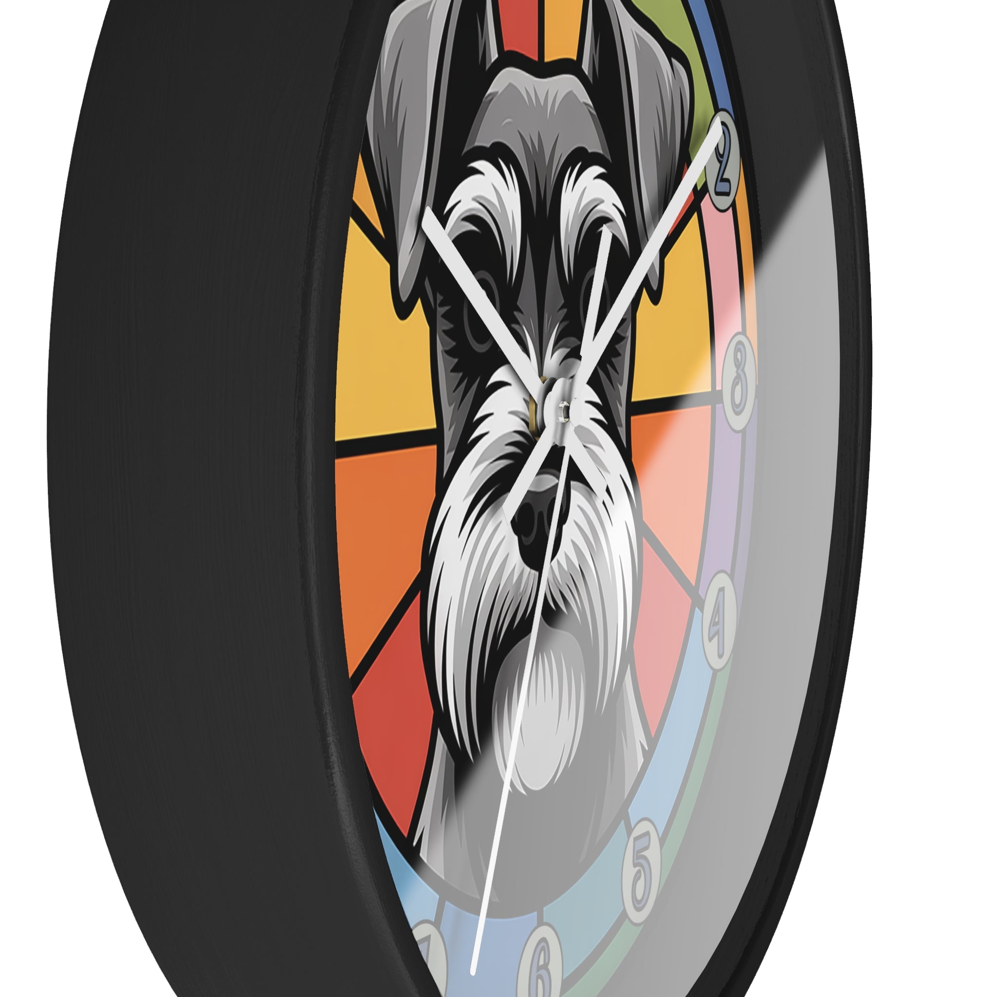 Wall clock with a dog's face design on a colorful background