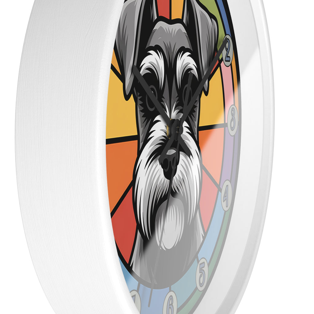 Wall clock with a colorful design of a dog's face on a white background