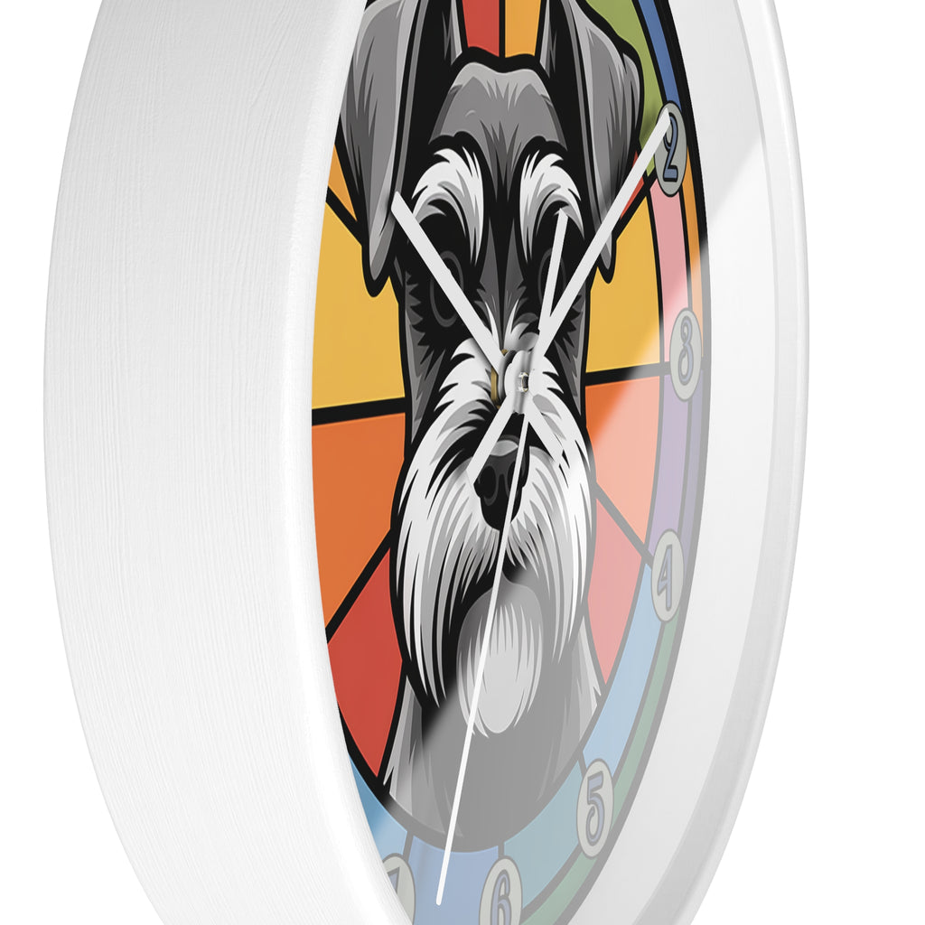 Wall clock with a colorful design of a dog's face on a white background