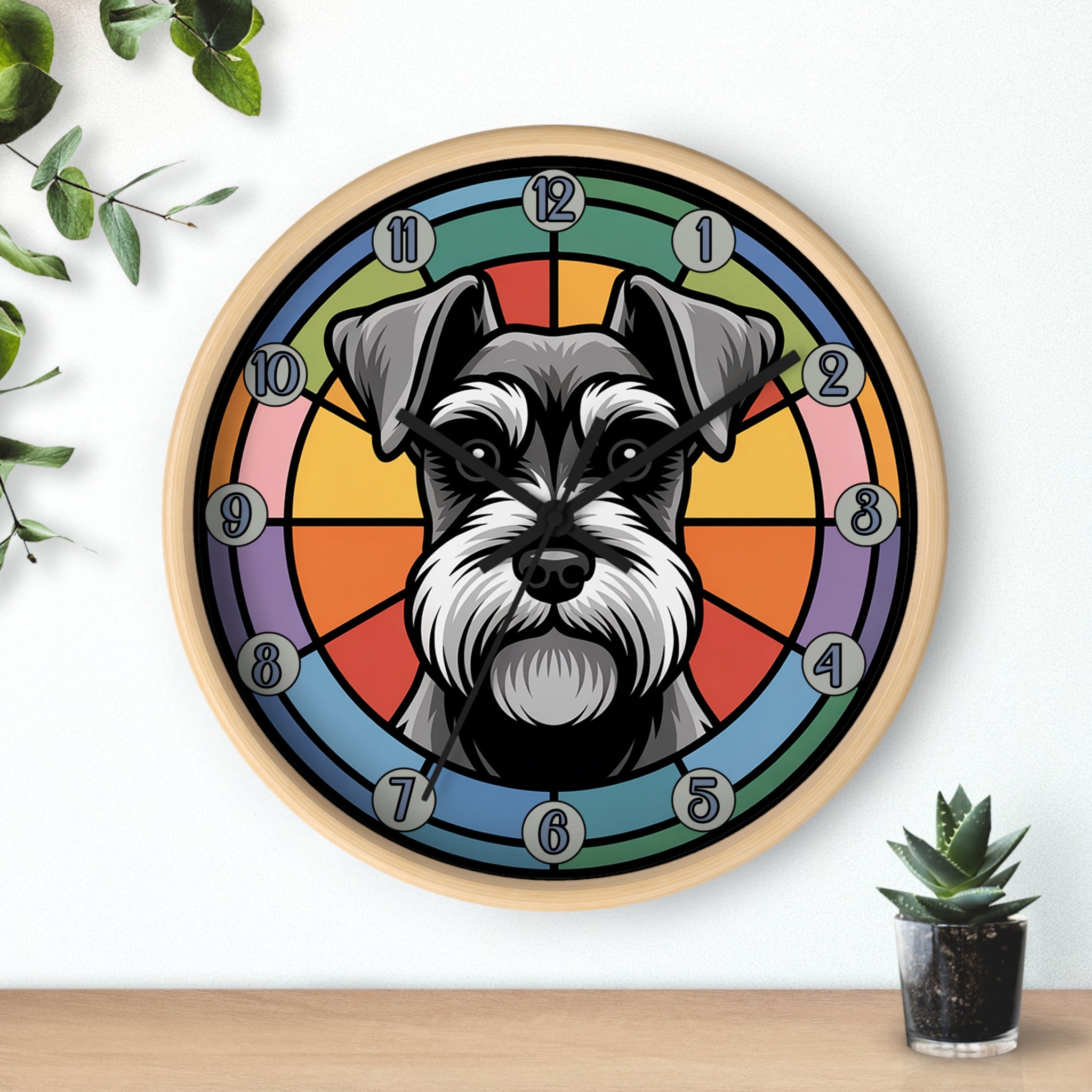 Wall clock with a dog illustration on a colorful background, placed on a wooden surface with plants.