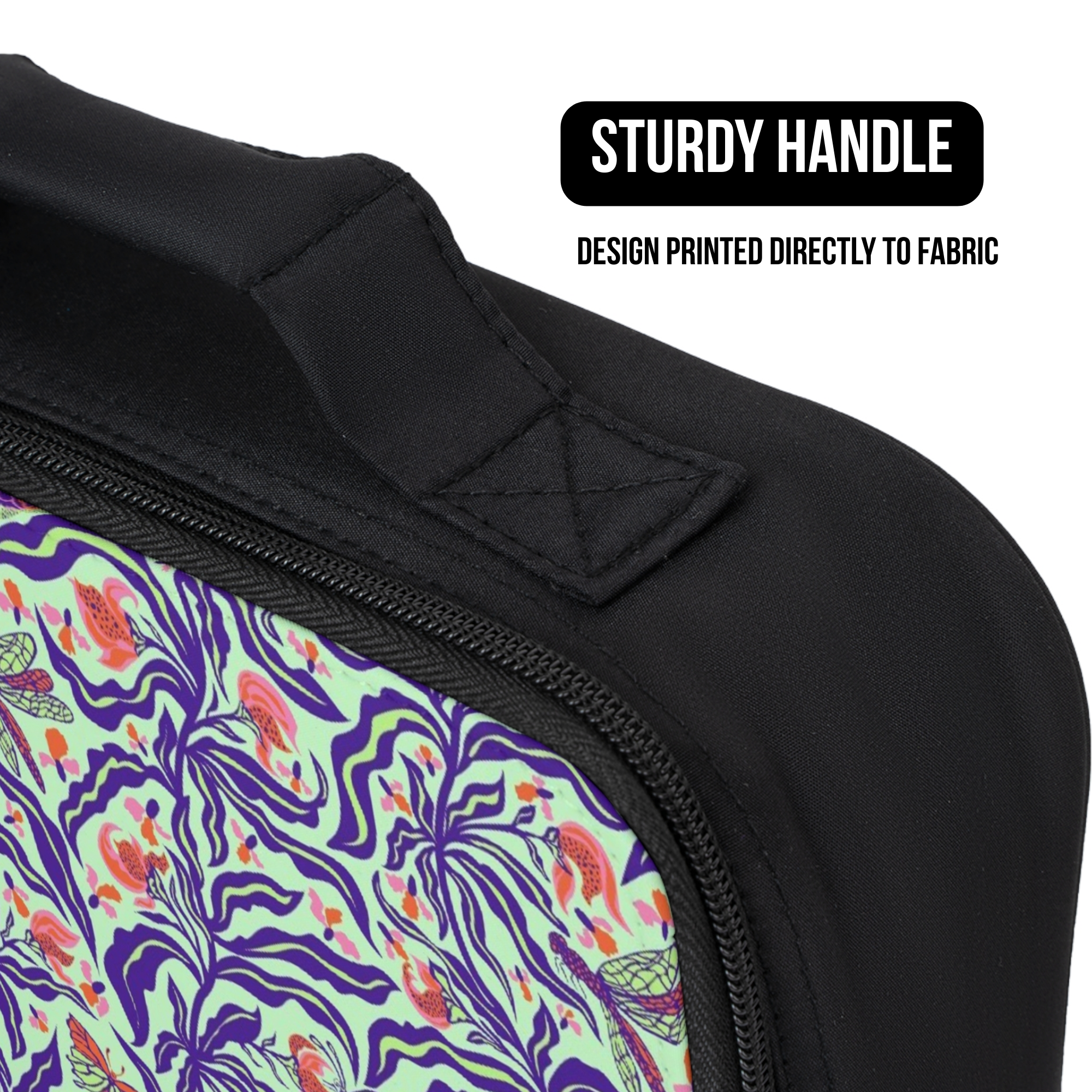 Black lunch bag with a colorful floral pattern and a sturdy handle, featuring text about design printing.