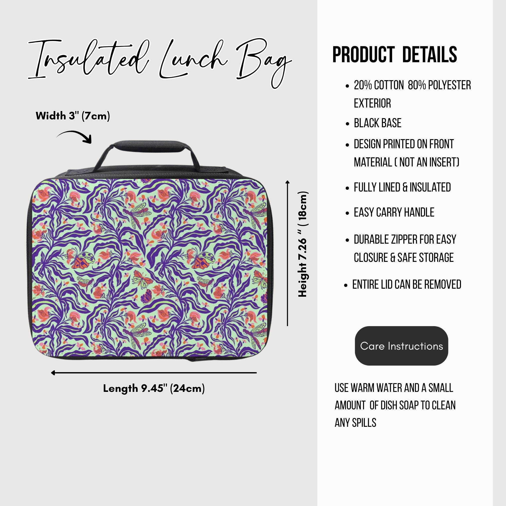 Insulated lunch bag with floral design, dimensions, and product details on a white background