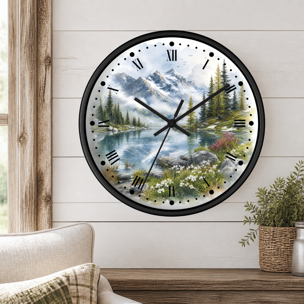 A round wall clock with a scenic mountain lake print, mounted on a white shiplap wall above a wooden table with a potted plant and part of a sofa visible.