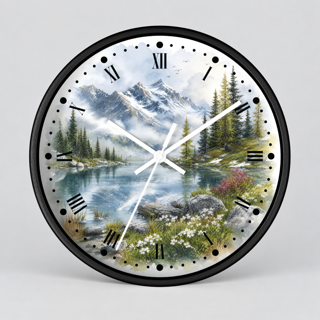 A round wall clock with a black frame and a scenic landscape print featuring mountains, a lake, pine trees, and wildflowers. The clock face has black Roman numerals and white hands, photographed against a light gray background.