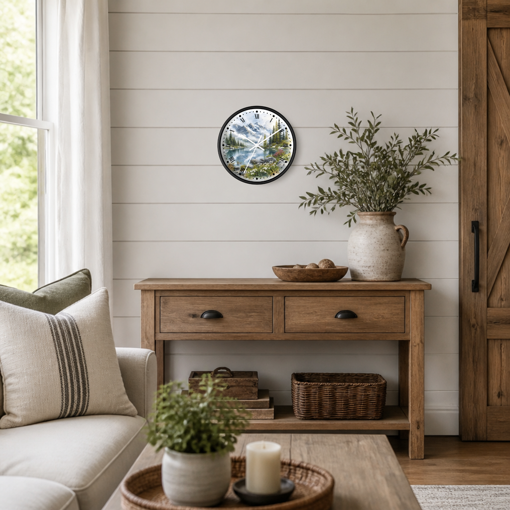 A round wall clock with a black frame and a scenic mountain landscape print, styled on a white shiplap wall above a rustic wooden console table in a bright, modern farmhouse living room.