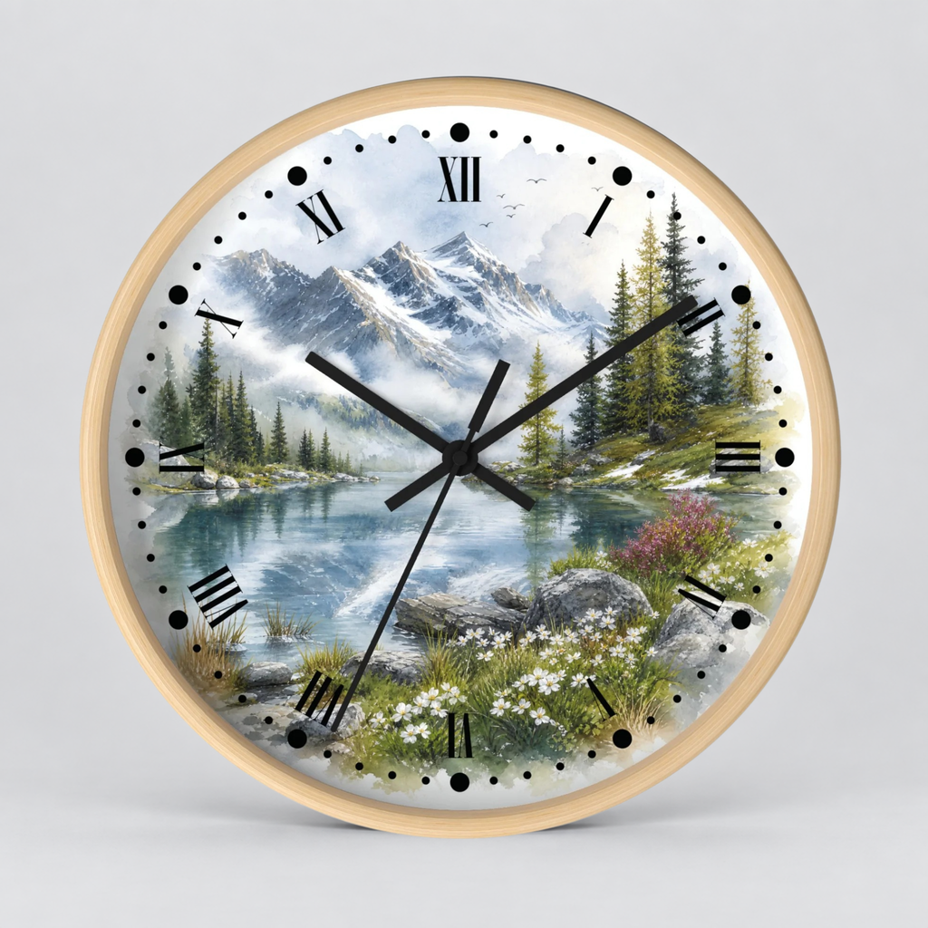 Round wall clock with a light wood frame and a scenic landscape print featuring a mountain lake, pine trees, and wildflowers. The clock face has black Roman numerals, black hands, and a clean light gray background.