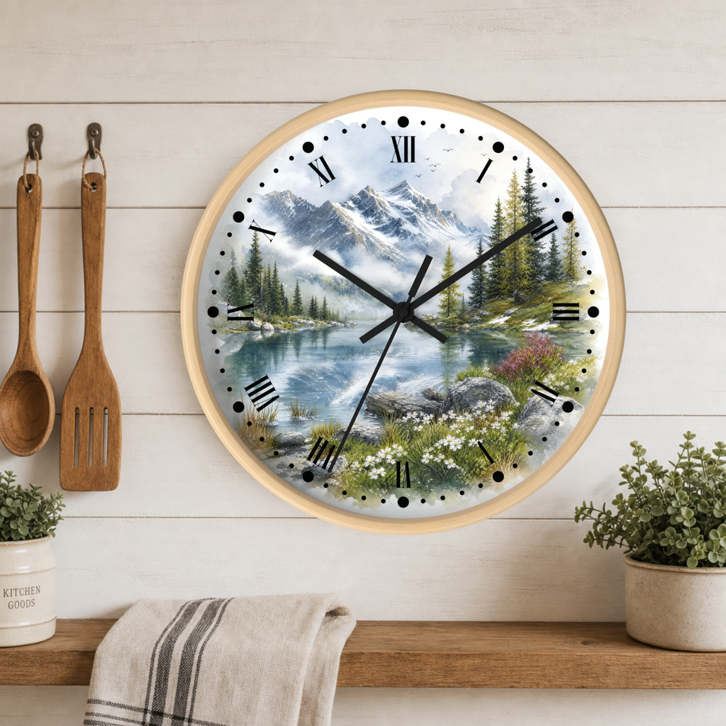 Round wall clock with a scenic mountain lake print, mounted on a white wood plank kitchen wall above a shelf with plants and utensils.