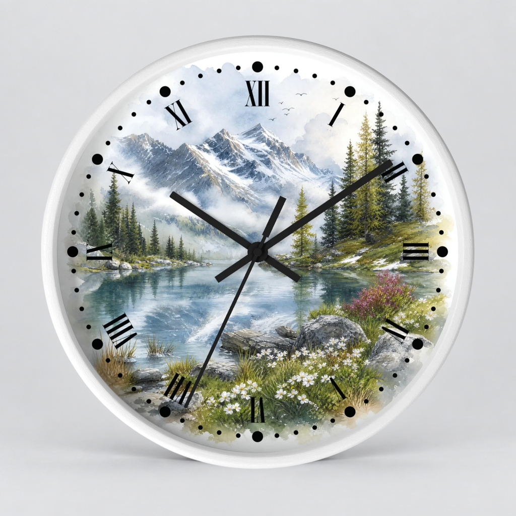 Round wall clock with a scenic mountain lake landscape printed on the face, black Roman numerals, and black clock hands on a white frame.