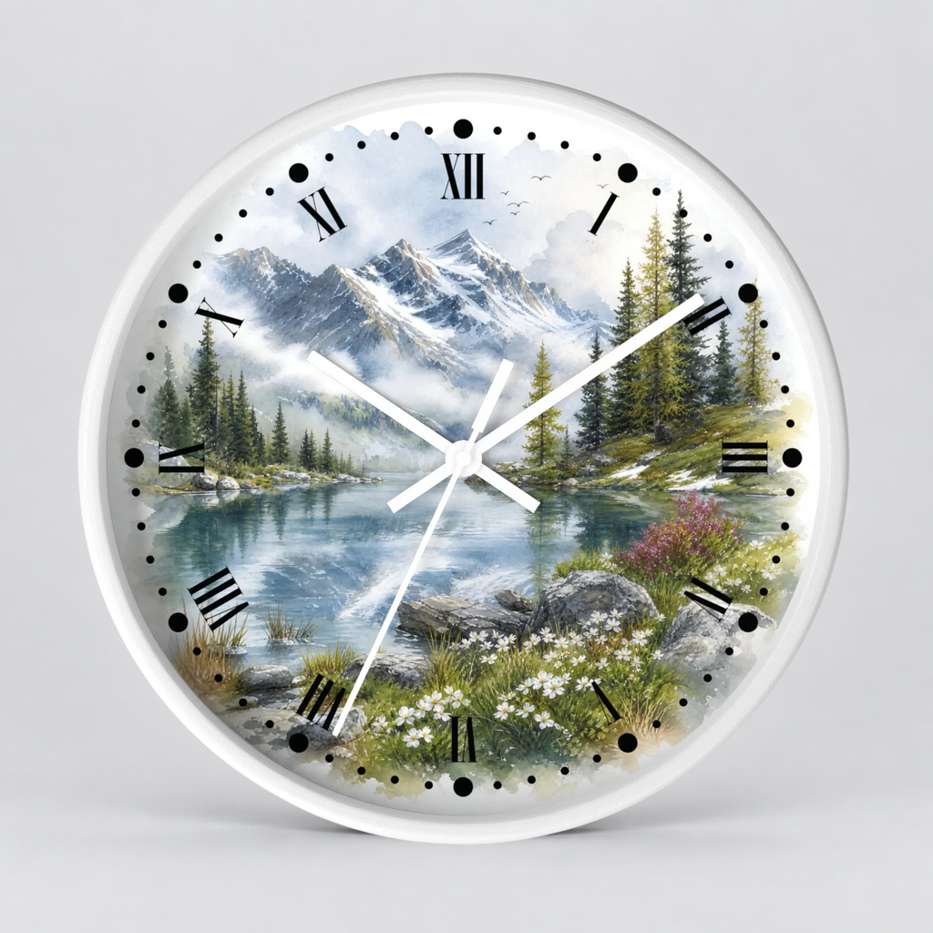 A round wall clock with a white frame and a scenic landscape print featuring snow-capped mountains, a pine forest, a reflective lake, and wildflowers. The clock face has black Roman numerals and black dot hour markers with white clock hands.