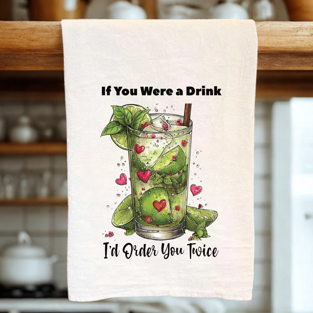 Tea towel with a drink graphic and text in a kitchen setting