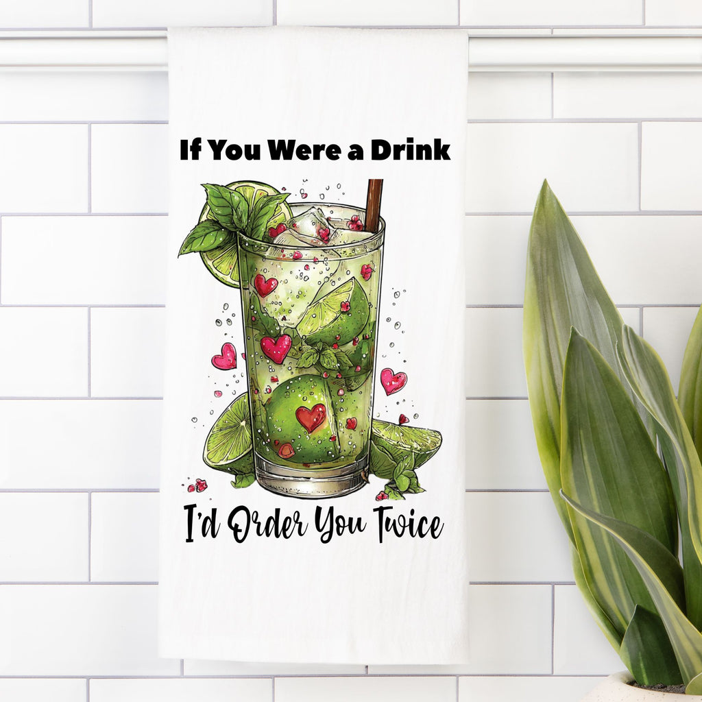 Tea towel with Illustration of a cocktail with text on a white tiled wall background