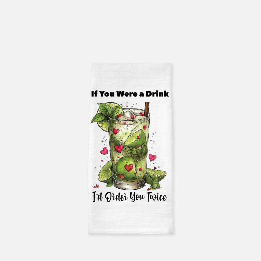 Tea towel with a drink graphic and text on a white background