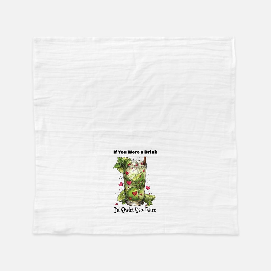 Open tea towel with a graphic of a cocktail and text on a white background