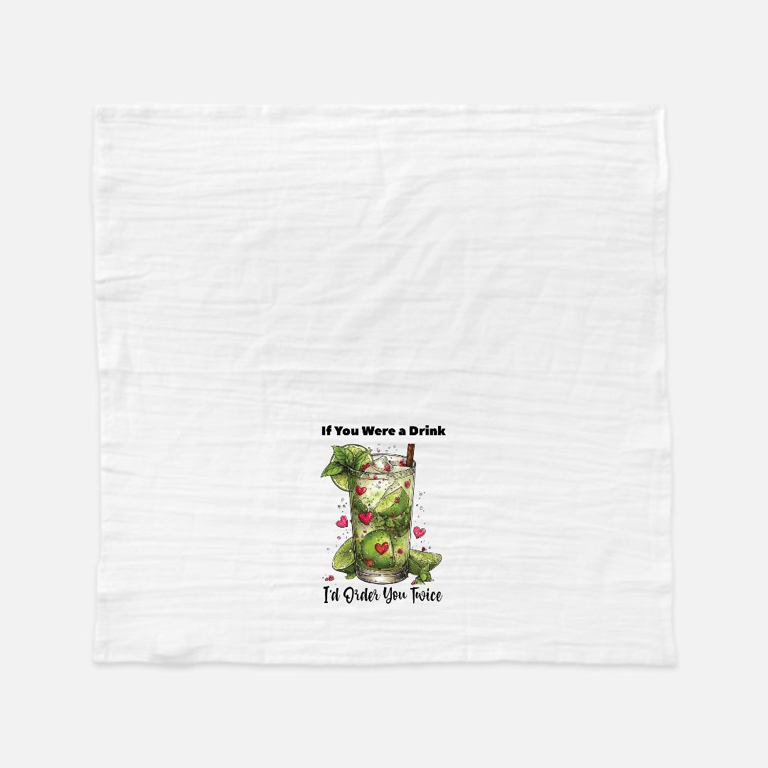 Open tea towel with a graphic of a cocktail and text on a white background